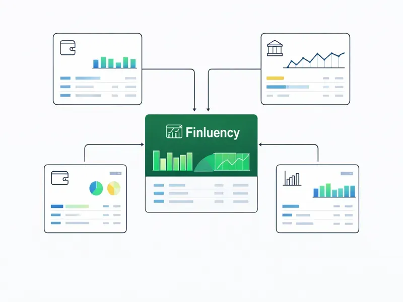 Diagram showing multiple financial account summaries with charts feeding into a central green dashboard labeled Finluency.
