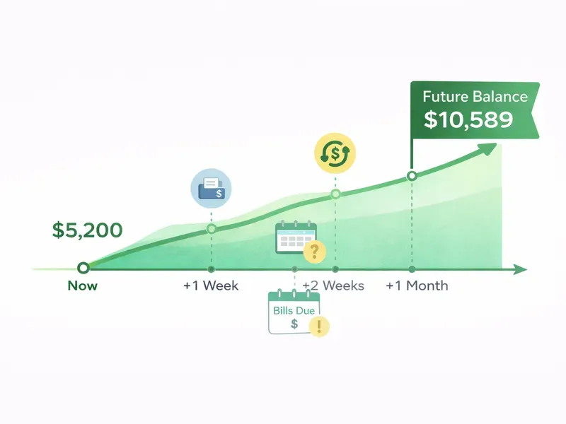 Graph showing timeline from now to +1 month with balance growth and a bill due reminder.