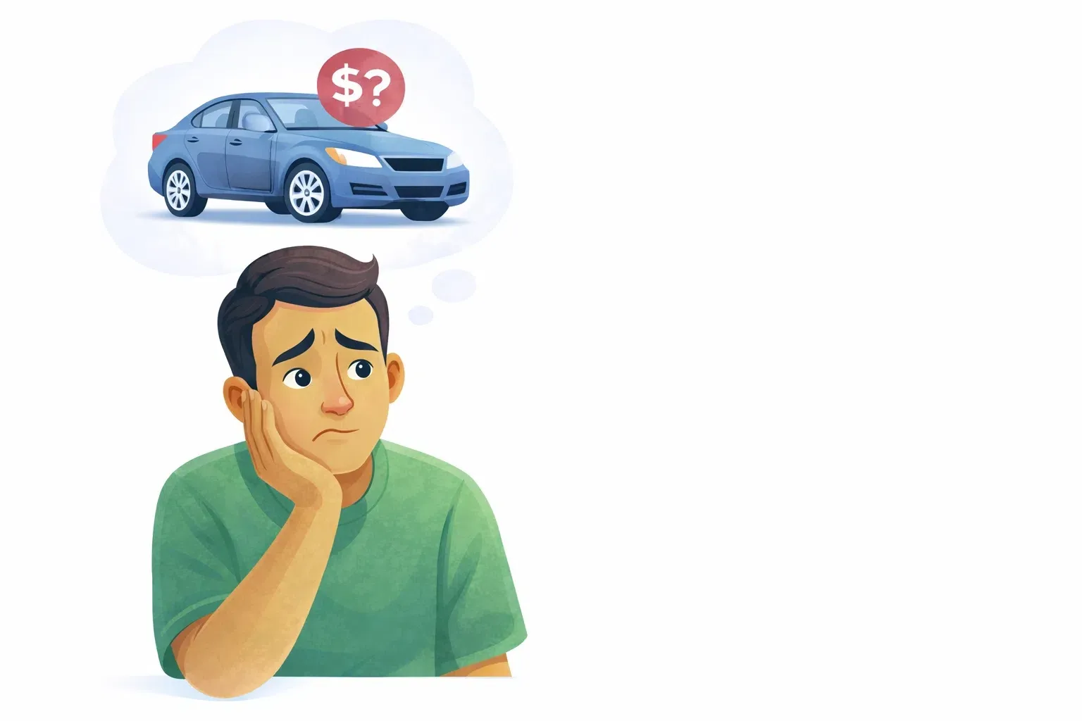 Worried man thinking about an expense with a dollar sign and question mark in a thought bubble.